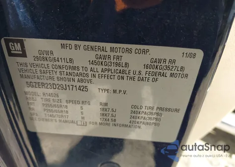 2009 Saturn Outlook Xr из США, поврежденный, VIN 5GZER23D29J171425